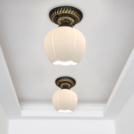Country Blossom Flush Mount Ceiling Lighting - Single Bulb Milky Glass In Brown