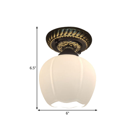 Country Blossom Flush Mount Ceiling Lighting - Single Bulb Milky Glass In Brown
