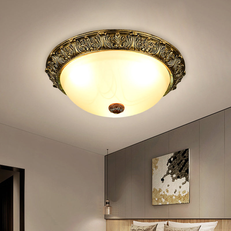 Dome Shaped Rustic Flush Mount Lighting With Opaline Glass In White/Brass - Available 11/15/19 Sizes