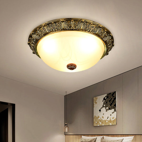 Dome Shaped Rustic Flush Mount Lighting With Opaline Glass In White/Brass - Available 11/15/19 Sizes