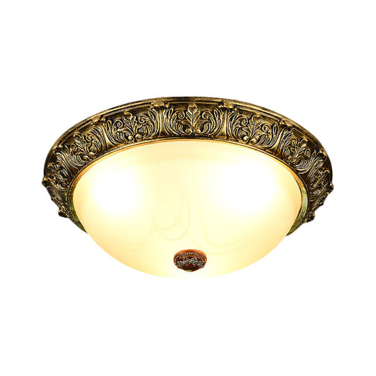 Dome Shaped Rustic Flush Mount Lighting With Opaline Glass In White/Brass - Available