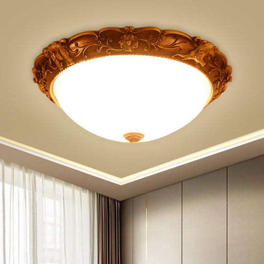 Rustic Opaline Glass Flush Lamp With Elephant Trim And Carving Flower - 16/19.5 W 3-Bulb Ceiling