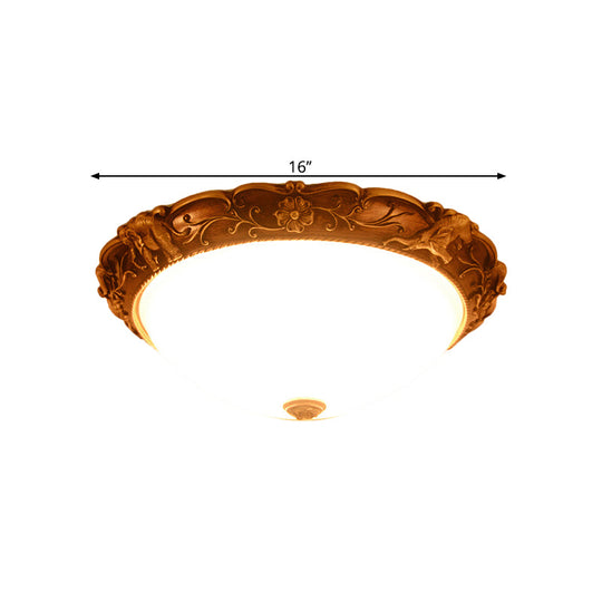 Rustic Opaline Glass Flush Lamp With Elephant Trim And Carving Flower - 16’/19.5’ W 3 - Bulb