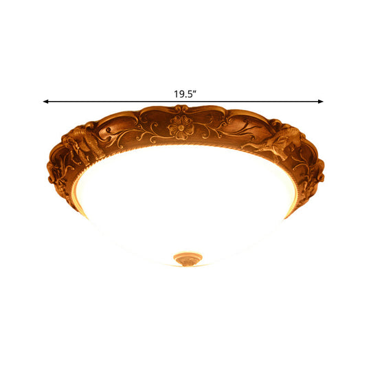 Rustic Opaline Glass Flush Lamp With Elephant Trim And Carving Flower - 16/19.5 W 3-Bulb Ceiling