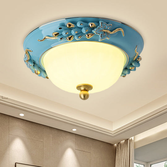 12’/14’ Blue Led Ceiling Flush Mount With Antiqued Opal Glass Floral Design Warm/White Light /