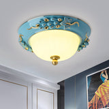 12’/14’ Blue Led Ceiling Flush Mount With Antiqued Opal Glass Floral Design Warm/White Light