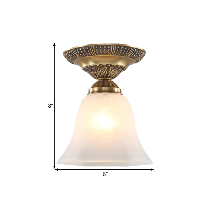 Country Flush Mount Frosted Glass Single Head Bell Shape Ceiling Light With Brass Finish