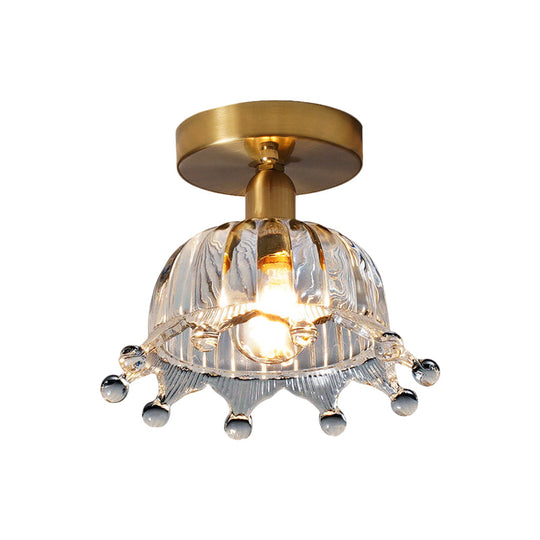 Antiqued Brass Fluted Glass Semi Mount Ceiling Light With Inverted Crown Design