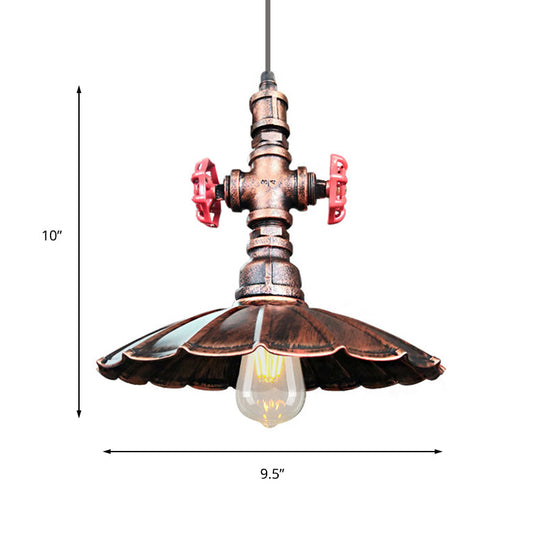1 Light Rustic Scalloped Edge Ceiling Pendant In Brass/Weathered Copper With Pipe & Valve