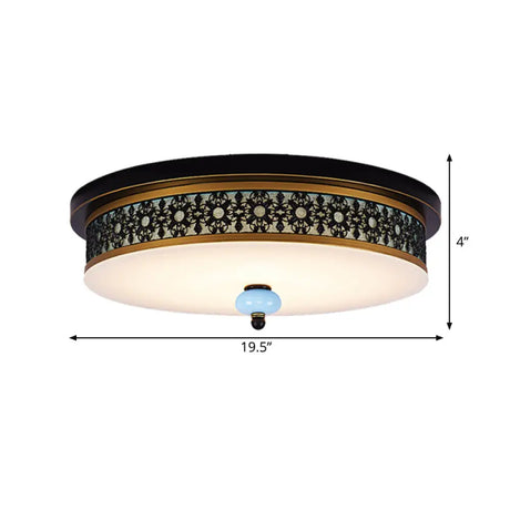 16 - 19.5 W Led Flush Mount Ceiling Light Fixture | Black-Gold Opal Glass Drum Dining Hall