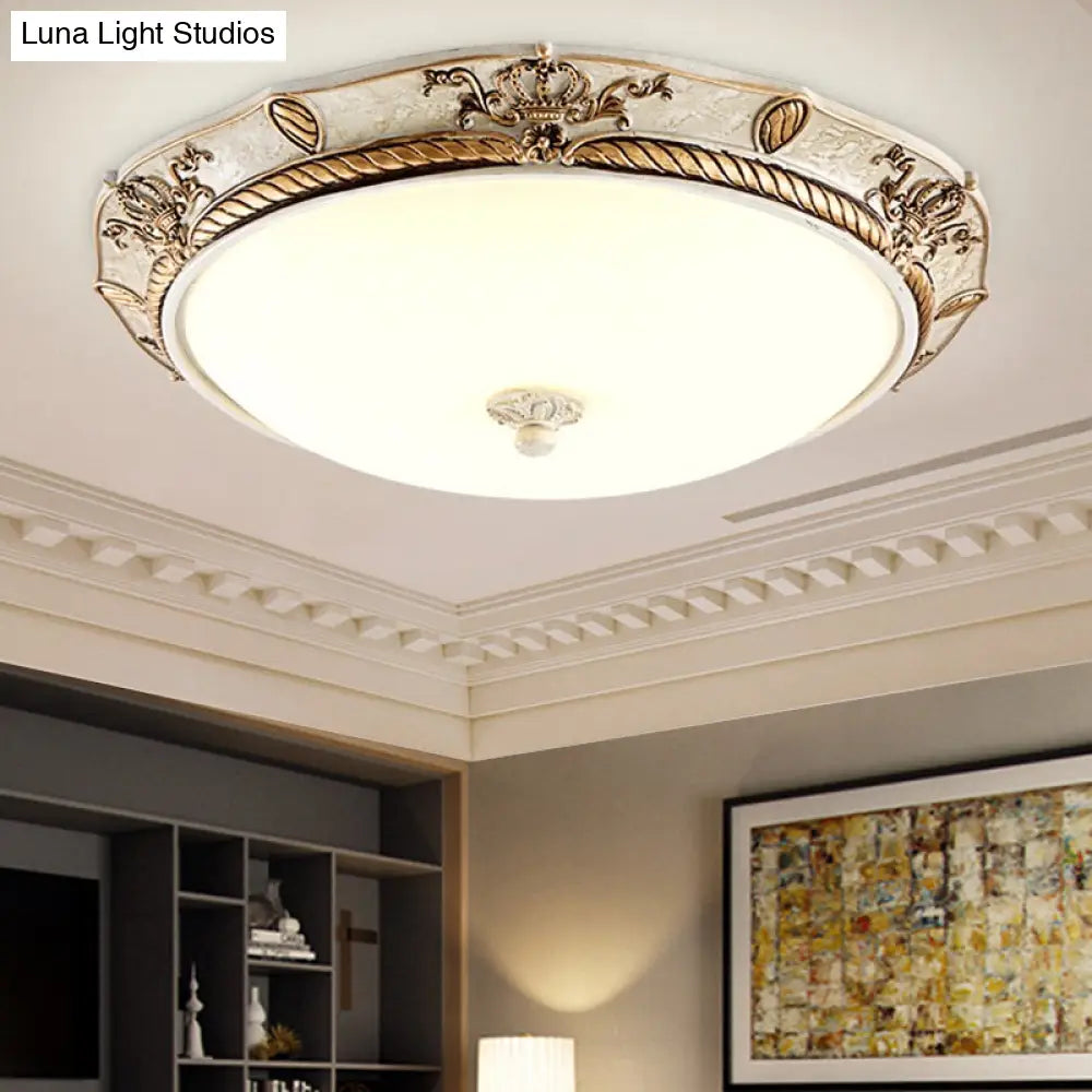 16’/19.5 W Vintage Led Ceiling Mount Light Fixture With Milky Glass Dome Shade (White/Gold) For
