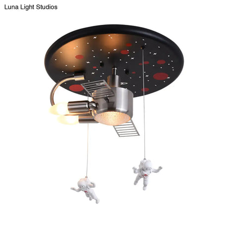 16’/22’ Wide Black Space Satellite Flush Light With 2 Lights And Resin Spacemen Sculpture