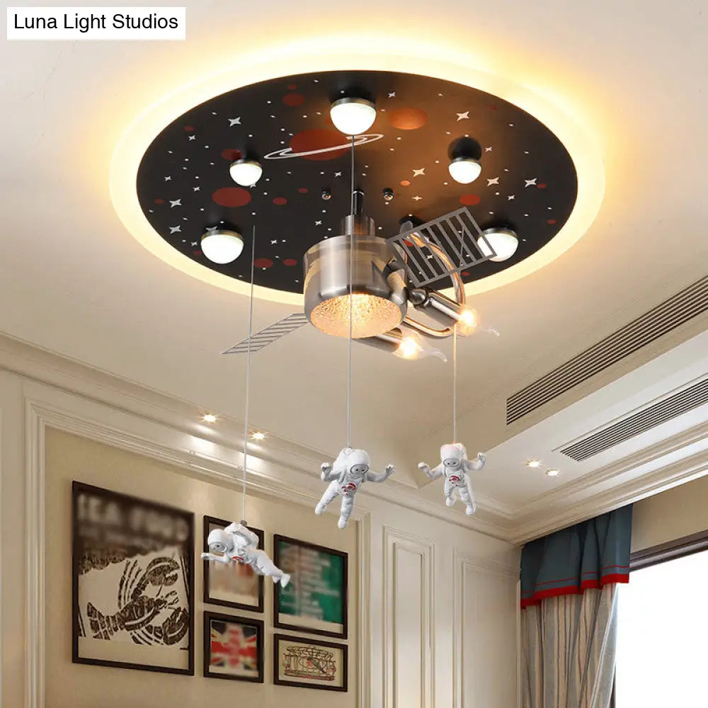 16’/22’ Wide Black Space Satellite Flush Light With 2 Lights And Resin Spacemen Sculpture