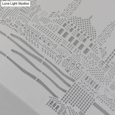 16.5’/20.5’ Modern White Carved Metal Drum Flush Lamp With Metropolis Scene - Led Ceiling Light