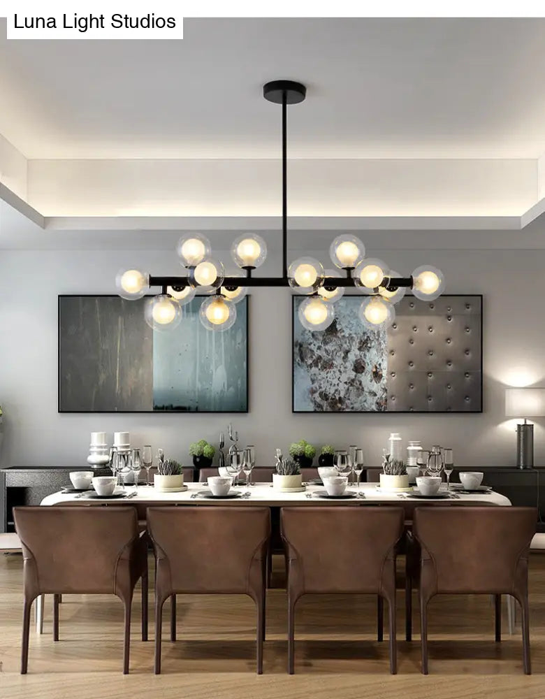 16-Light Modern Black Island Pendant - Spherical Glass Ceiling Light For Dining Table