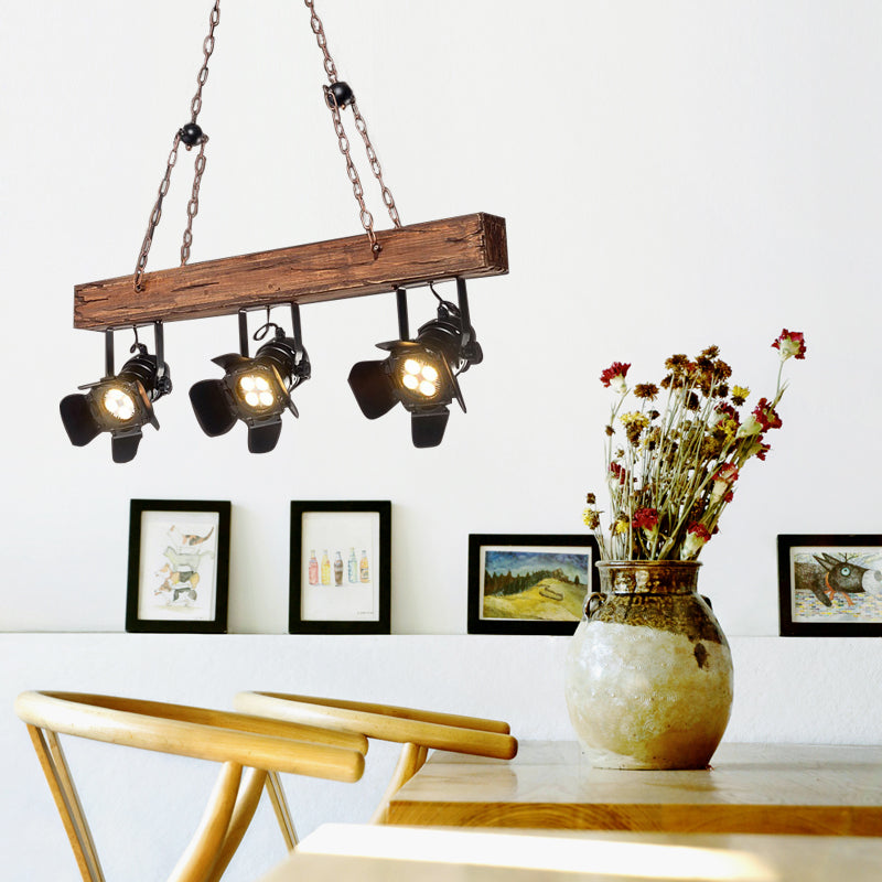 3 Lights Vintage Metal And Wood Island Pendant Light With Wooden Beam In Black Lighting