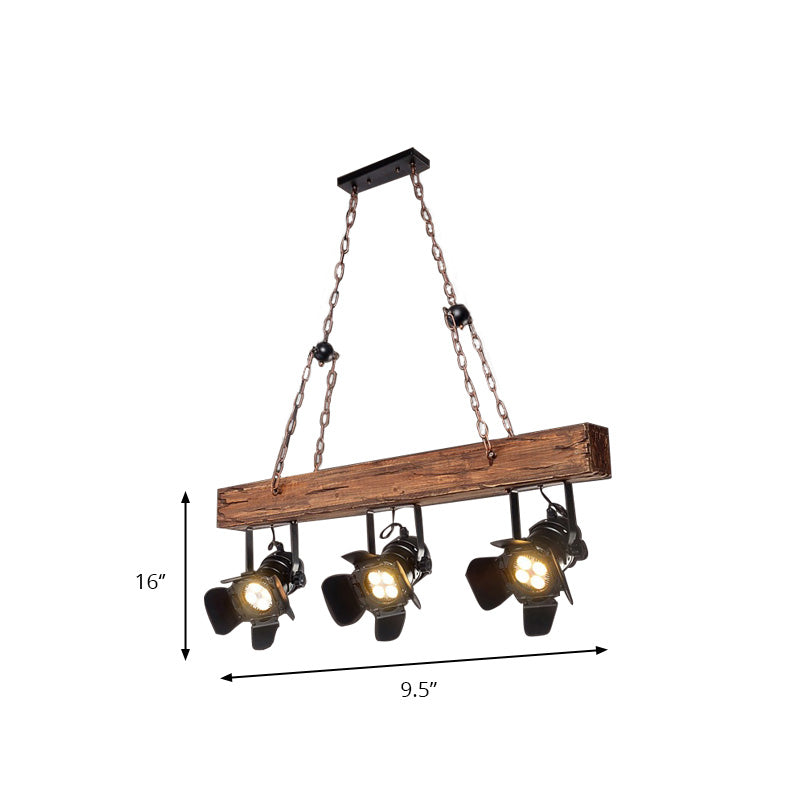 3 Lights Vintage Metal And Wood Island Pendant Light With Wooden Beam In Black Lighting