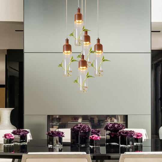 Antique Wine Bottle Cluster Pendant Ceiling Light - Metal Led With Multiple Bulbs Brown Finish