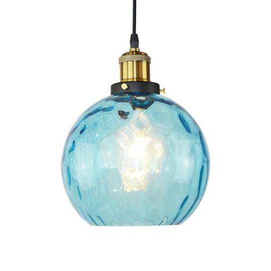 Industrial Globe Pendant Light With Blue Dimpled Glass Shade - 1 Ceiling Fixture For Living Room
