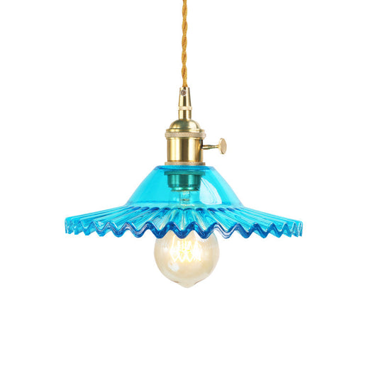Industrial Scalloped Blue Glass Pendant Lamp With Prismatic Shade