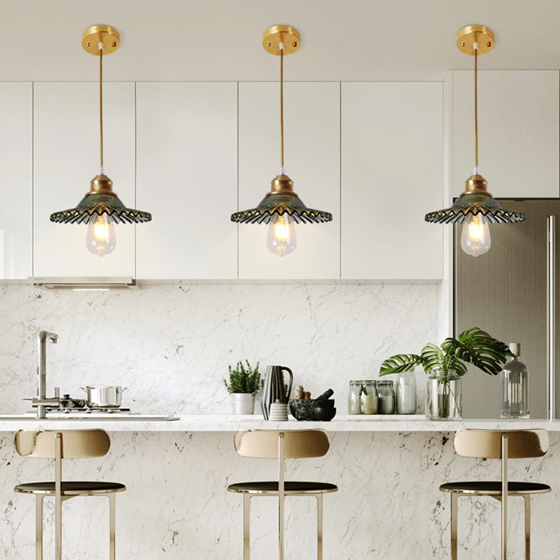 Vintage Green Glass Scalloped Pendant – 1-Light Hanging Ceiling Lighting For Dining Room