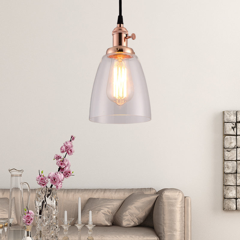 Industrial 1 Bulb Hanging Pendant Lamp With Clear Glass Bell Shade And Bronze/Brass/Copper Top For