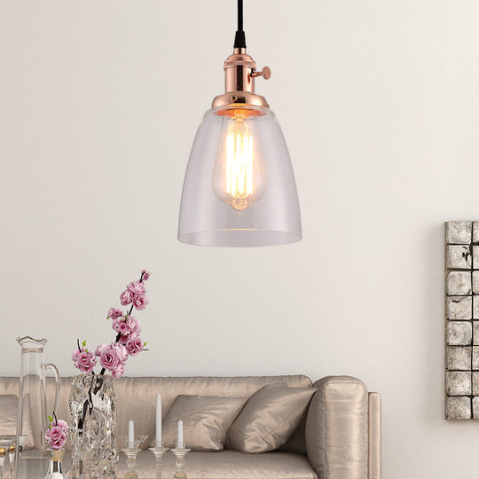 Industrial 1 Bulb Hanging Pendant Lamp With Clear Glass Bell Shade And Bronze/Brass/Copper Top For