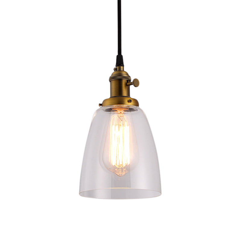 Industrial 1 Bulb Hanging Pendant Lamp With Clear Glass Bell Shade And Bronze/Brass/Copper Top For