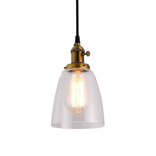 Industrial 1 Bulb Hanging Pendant Lamp With Clear Glass Bell Shade And Bronze/Brass/Copper Top For