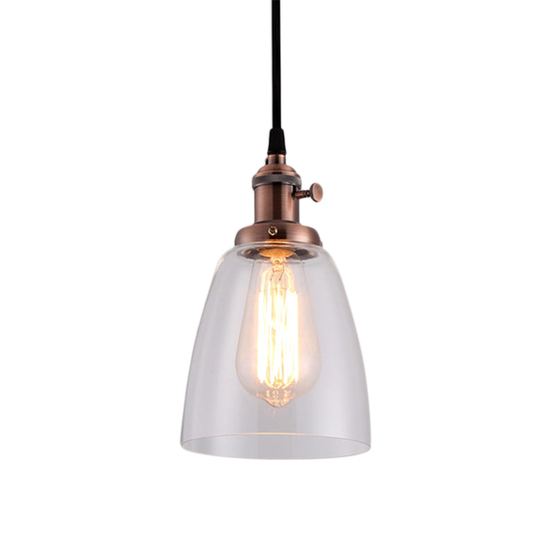 Industrial 1 Bulb Hanging Pendant Lamp With Clear Glass Bell Shade And Bronze/Brass/Copper Top For