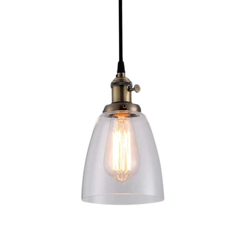 Industrial 1 Bulb Hanging Pendant Lamp With Clear Glass Bell Shade And Bronze/Brass/Copper Top For