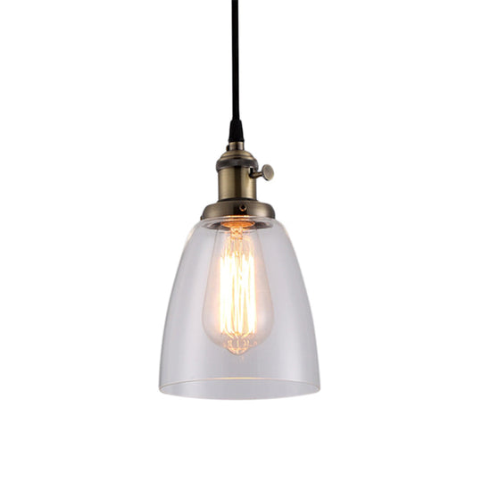 Industrial 1 Bulb Hanging Pendant Lamp With Clear Glass Bell Shade And Bronze/Brass/Copper Top For