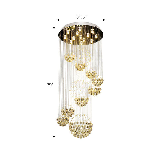 Modern Led Crystal Gold Cluster Pendant Light - Spiral Design With 13 Heads And Round Canopy