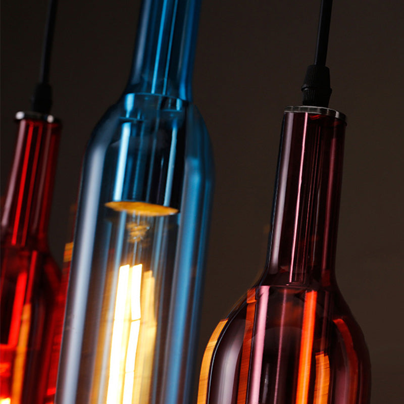 Vintage Black Glass Pendant Light With 5 Linear Bottle Shades - Elegant Suspension Fixture