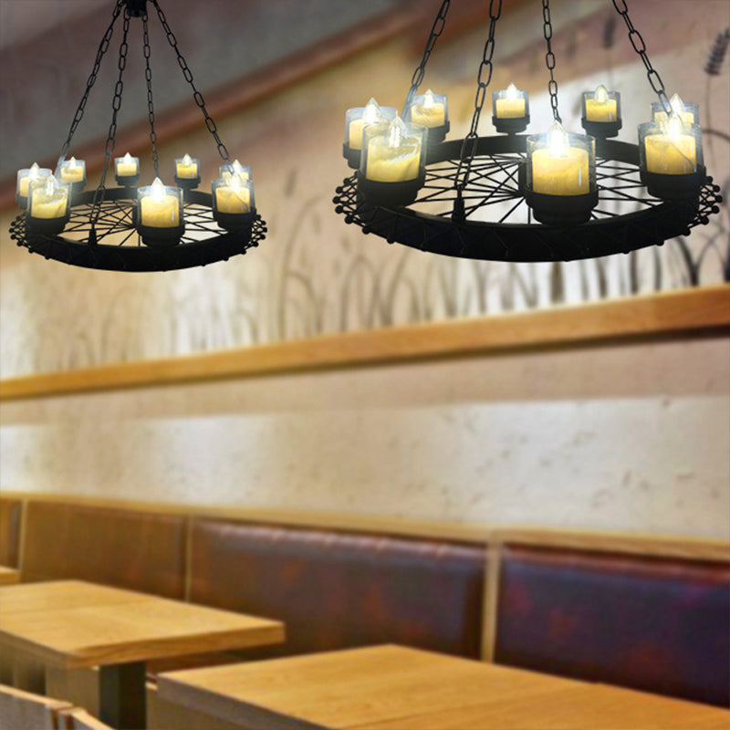 Vintage Candle Ceiling Light Fixture: Black Iron Chandelier With Cylinder Shade & Wheel Design -