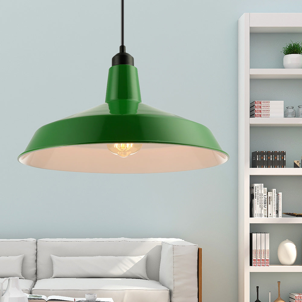 Vintage Style Metal Green Barn Shade Pendant Ceiling Fixture With Flexible Suspension - Ideal For