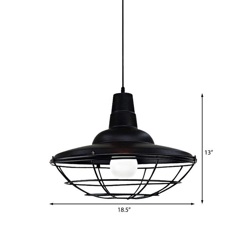 Industrial Black Metal Saucer Pendant Light For Restaurants - 1 Head With Cage Shade Ceiling Fixture
