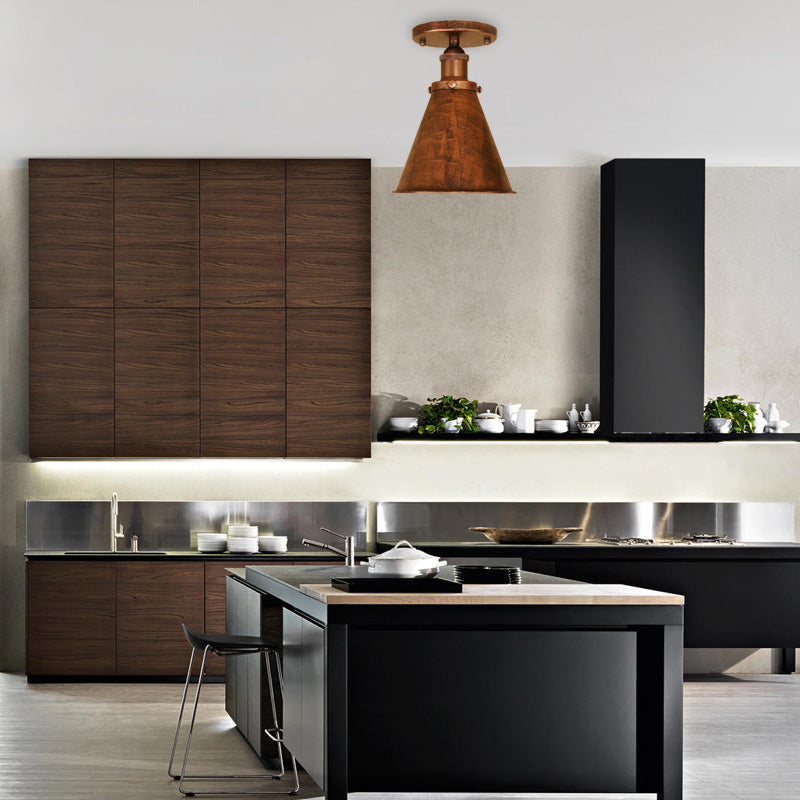 Metallic Vintage Style Rust/Copper Semi Flush Light Fixture - 1 Tapered Indoor Design Rust