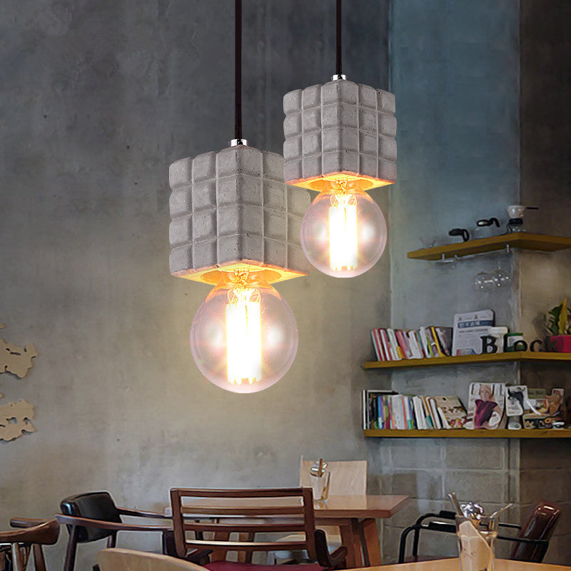 Vintage Cement Square Pendant Light With Bare Bulb For Restaurant Ceiling - Grey