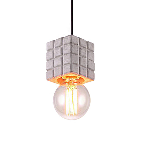 Cement Square Pendant Light With Vintage Bare Bulb - 1-Light Ceiling Lamp For Restaurants In Grey