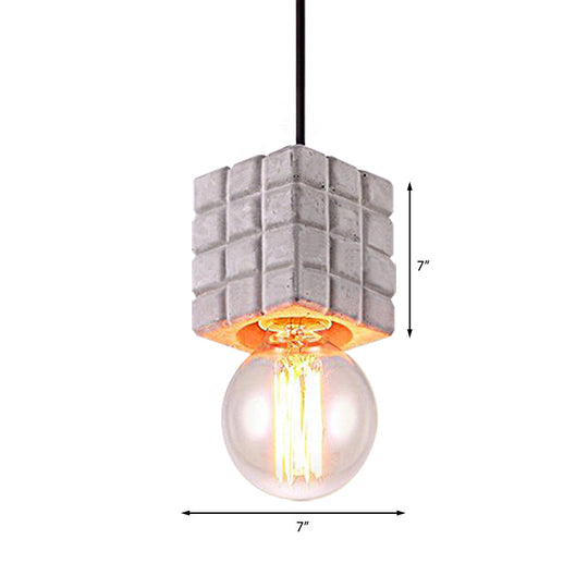 Cement Square Pendant Light With Vintage Bare Bulb - 1-Light Ceiling Lamp For Restaurants In Grey