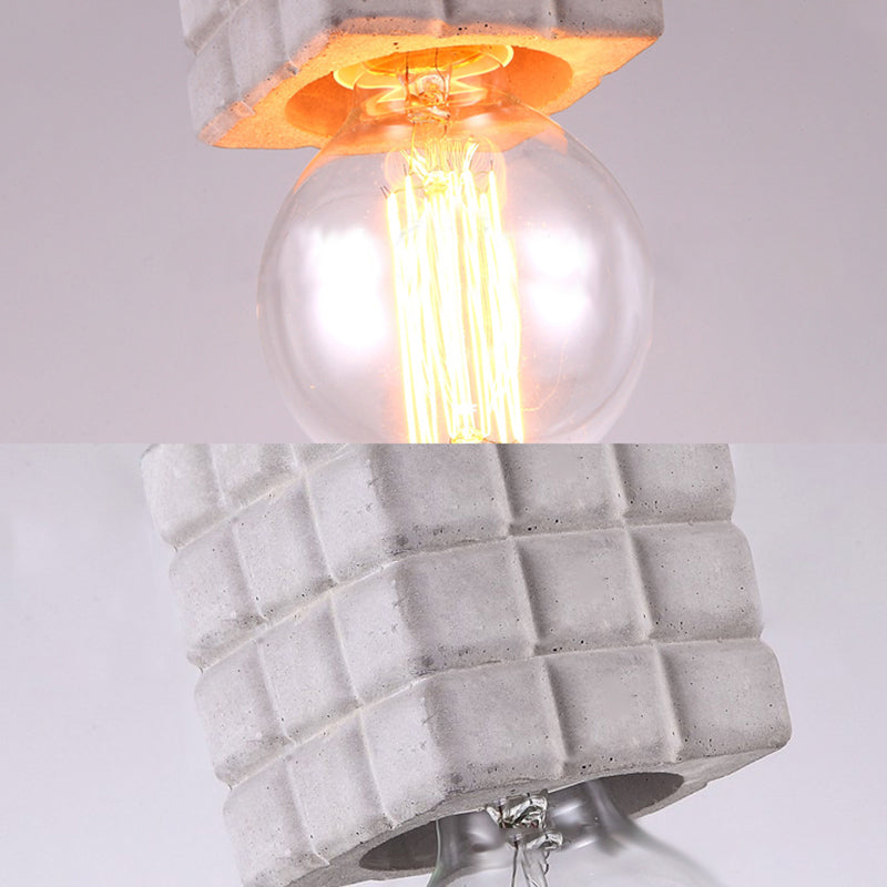 Cement Square Pendant Light With Vintage Bare Bulb - 1-Light Ceiling Lamp For Restaurants In Grey