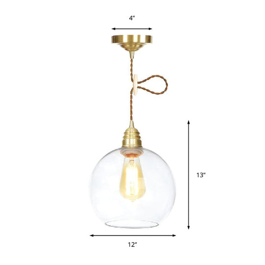 Industrial Globe Pendant Lighting - 1 Light Clear Glass Hanging Lamp In Brass 8’/10’/12’ Wide