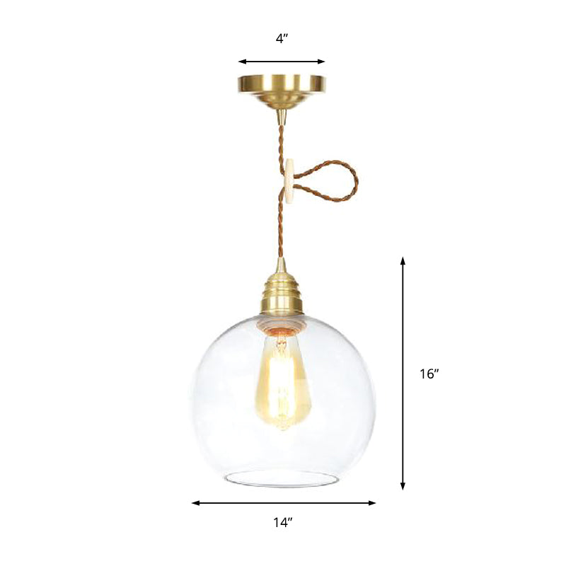 Industrial Globe Pendant Lighting - 1 Light Clear Glass Hanging Lamp In Brass 8’/10’/12’ Wide