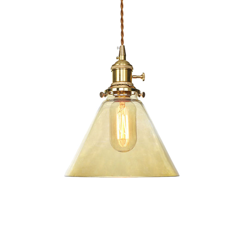 Farmhouse Brass Pendant Ceiling Light Fixture - Clear/Amber Glass Cone 1-Light For Living Room