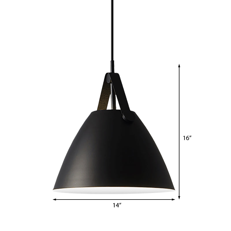 Modernist Conical Pendant Light 10.5/14 W 1-Bulb Metallic Suspension With Leather Strap Black/Blue