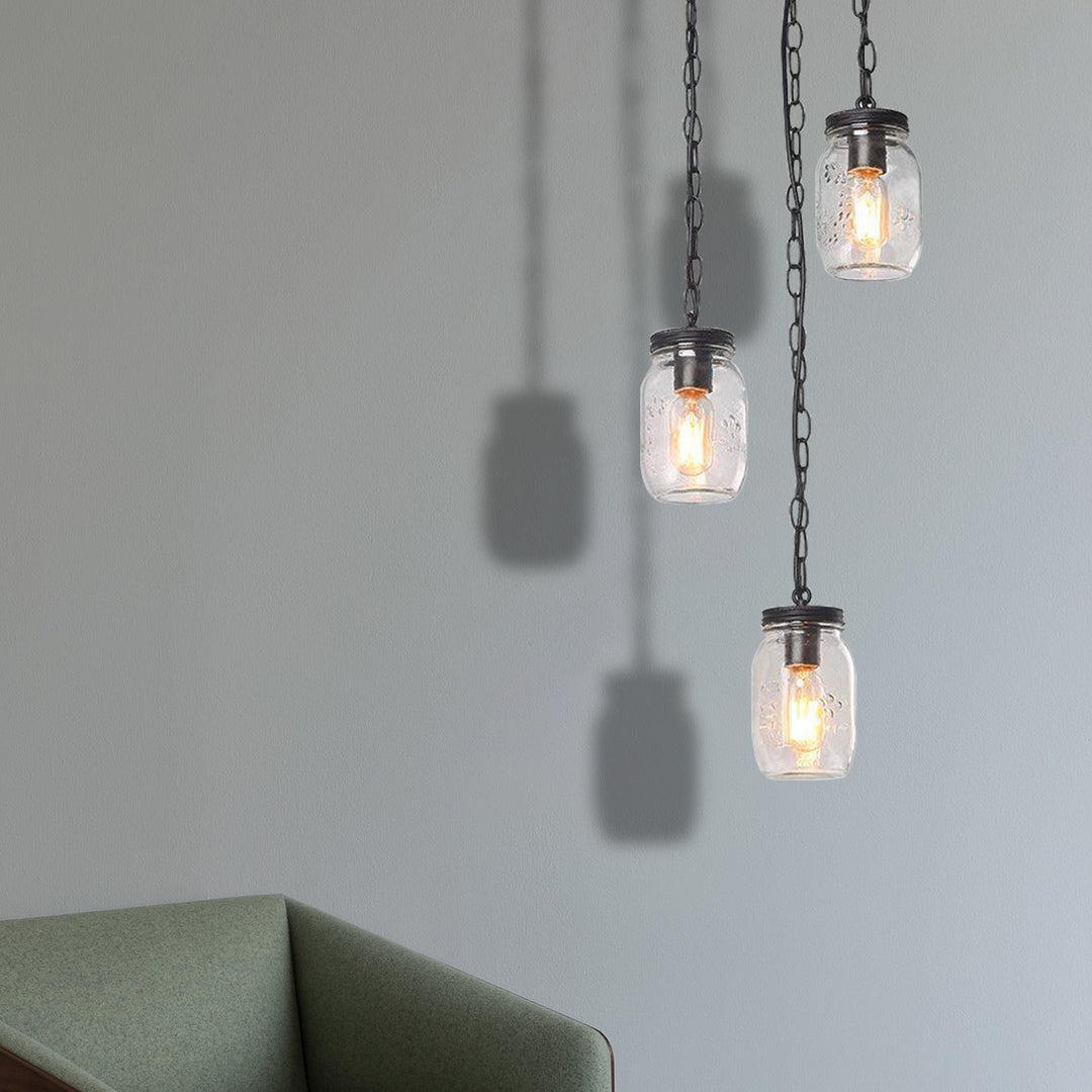 Industrial Black Jar Pendant Light Fixture With Clear Glass Shades - 3-Light Dining Room Hanging