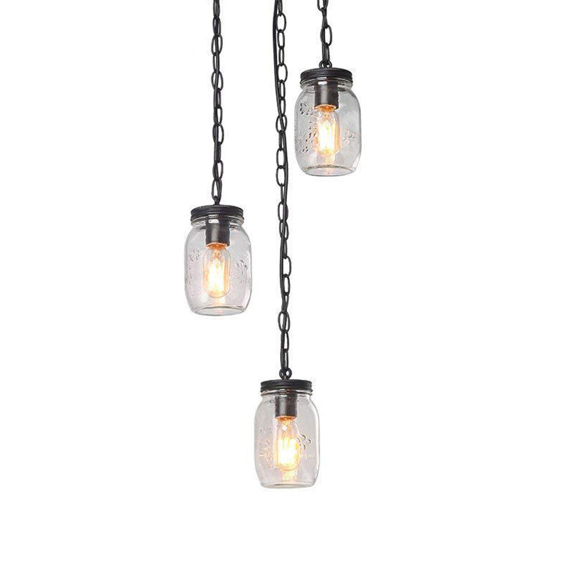 Industrial Black Jar Pendant Light Fixture With Clear Glass Shades - 3-Light Dining Room Hanging
