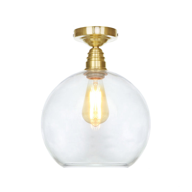 Spherical Brass Industrial Semi Flush Light: Clear/Amber Glass Ceiling Mount 8’/10’/12’ Wide