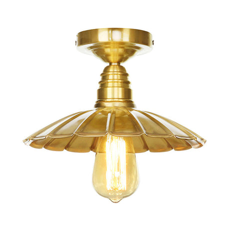 Vintage Waveforms/Scalloped Shade Semi Flush Ceiling Light - Brass Finish 8/9.5 W Metal Fixture
